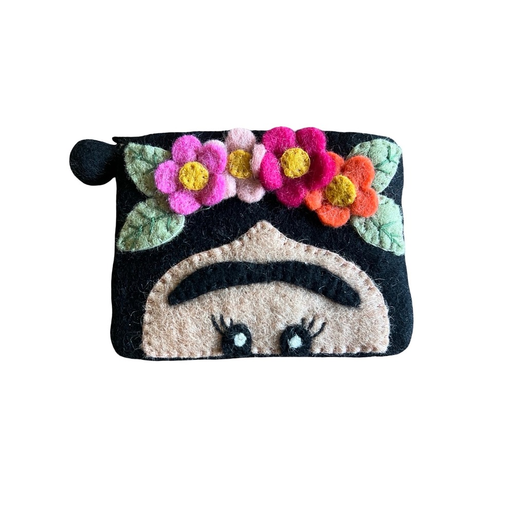 Handmade Felt Wool Frida Kahlo Coin Purse Floral Pouch Made in Nepal Black 5x4
